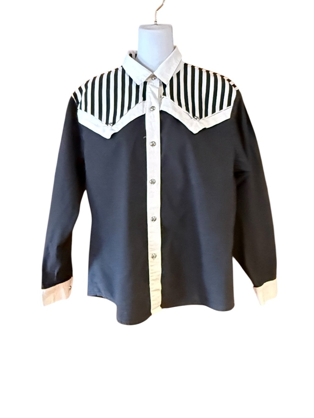 Vintage Banjo Black & White Western-Style Button-Up Open Back Shirt Womens Large